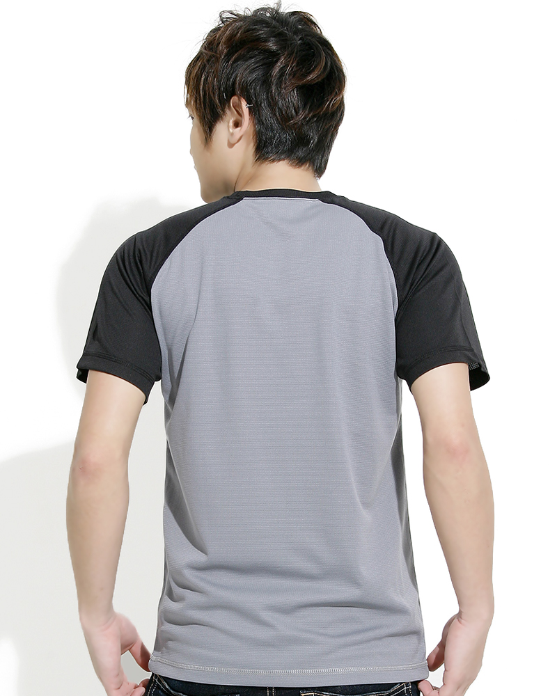 透氣排汗T 接袖 圓領短T 中性 斜袖款 淺灰配黑 THTB-AA01-02