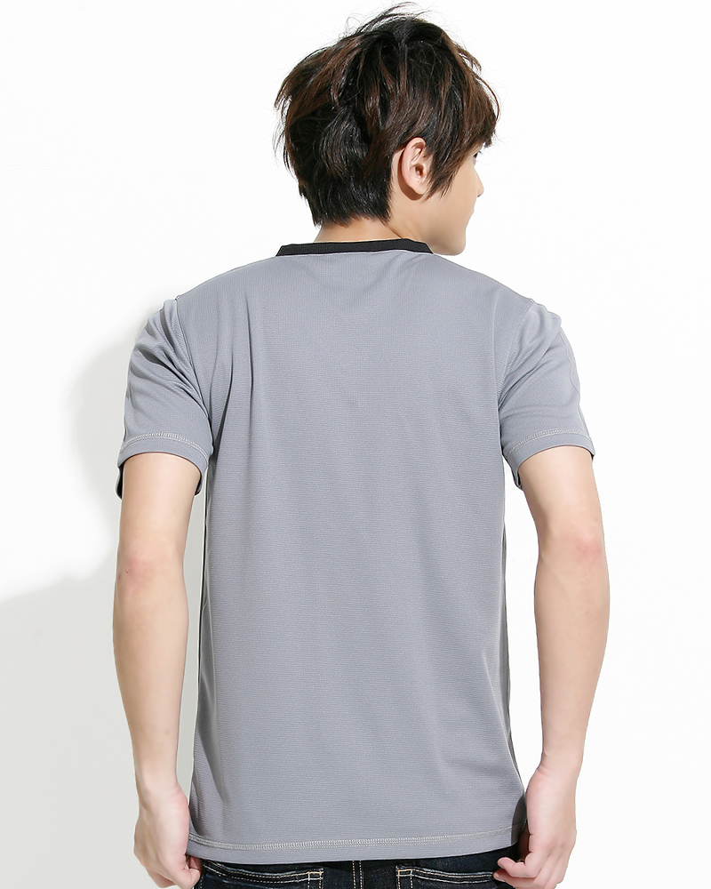 透氣排汗T V領短袖 加口袋 中性 淺灰配黑 THTB-BA01-02