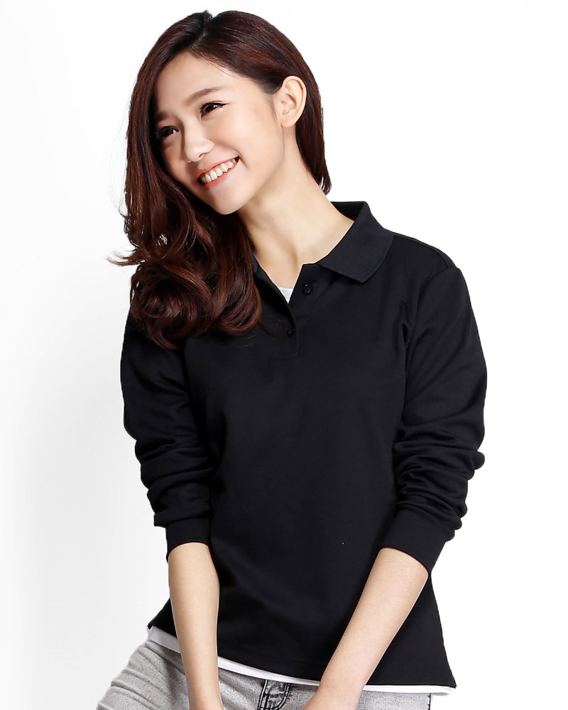 網眼POLO衫 長袖 腰身 黑色 PKQG-P02-121