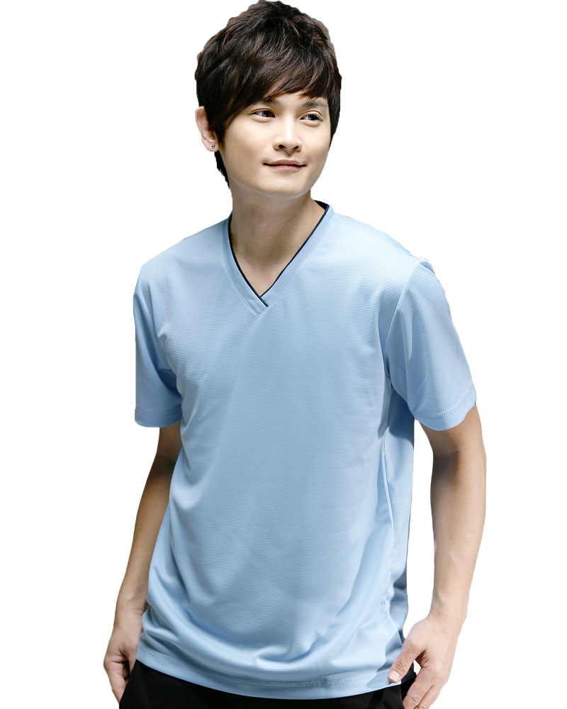 T恤 訂製款 v領 休閒風 水藍出黑 中性 TCANB-B01-00036