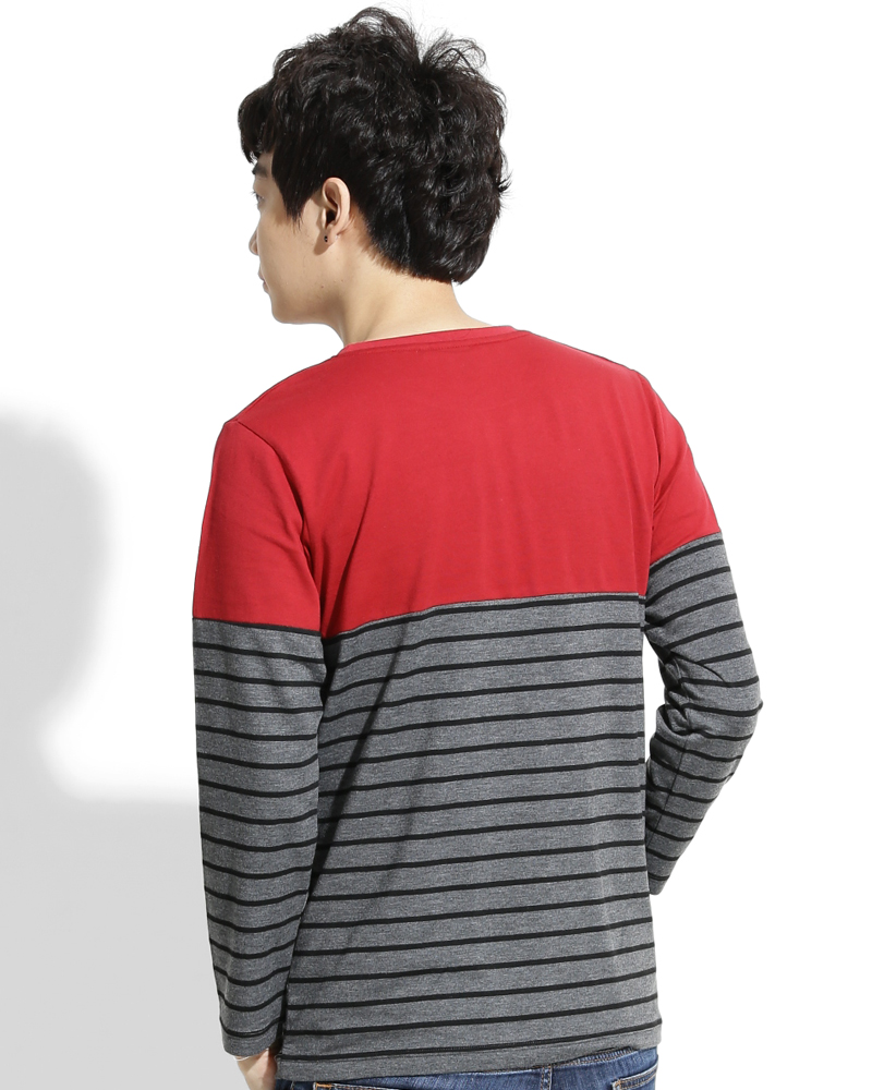 T恤 訂製款 接片造型 長袖 紅接灰黑條 中性 TCANB-A02-00113
