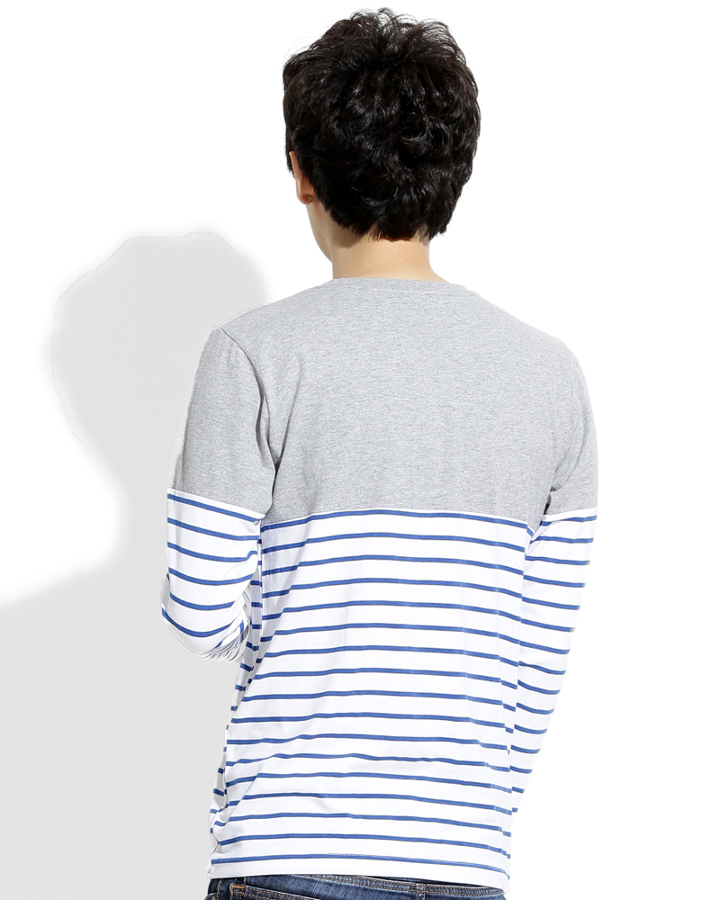 T恤 訂製款 接片造型 長袖 灰接藍白條 中性 TCANB-A02-00114
