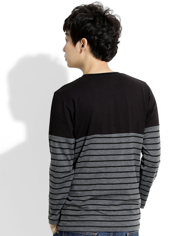 T恤 訂製款 接片造型 長袖 黑接灰黑條 中性 TCANB-A02-00115