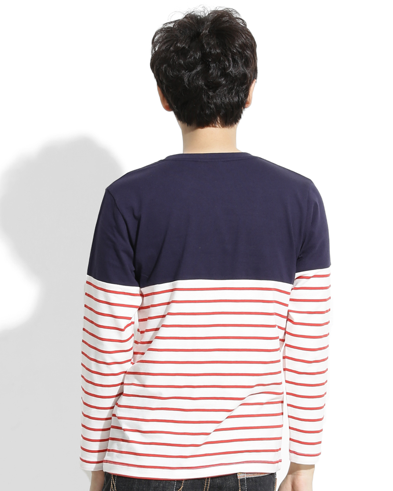 T恤 訂製款 接片造型 長袖 丈青接紅白條 中性 TCANB-A02-00116