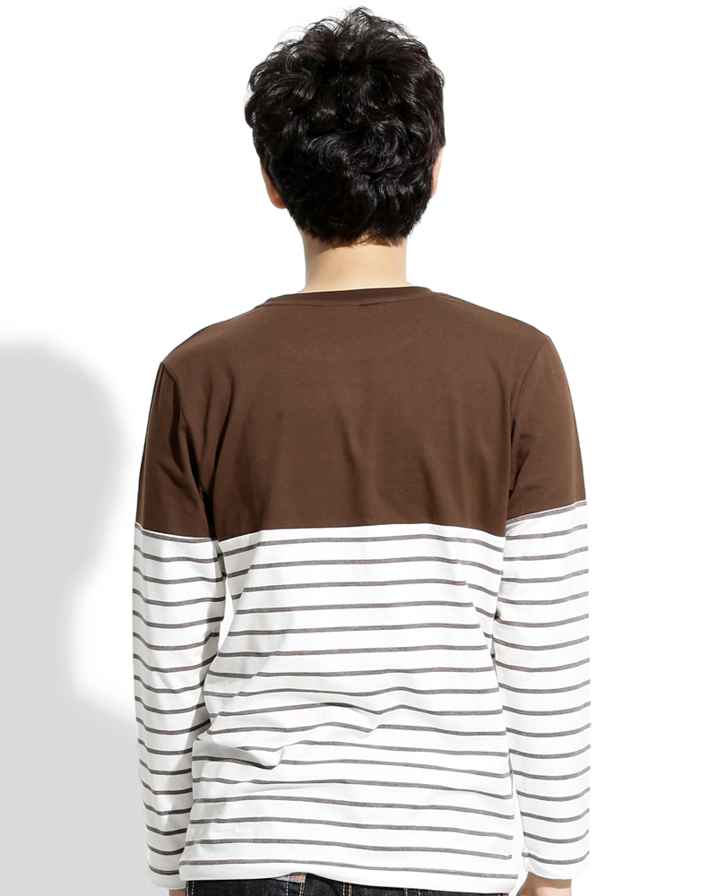 T恤 訂製款 接片造型 長袖 咖啡接咖啡白條 中性 TCANB-A02-00117