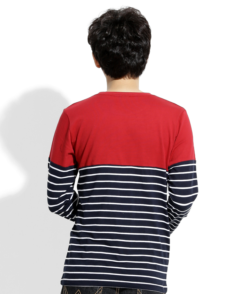 T恤 訂製款 接片造型 長袖 紅接丈青白條 中性 TCANB-A02-00132