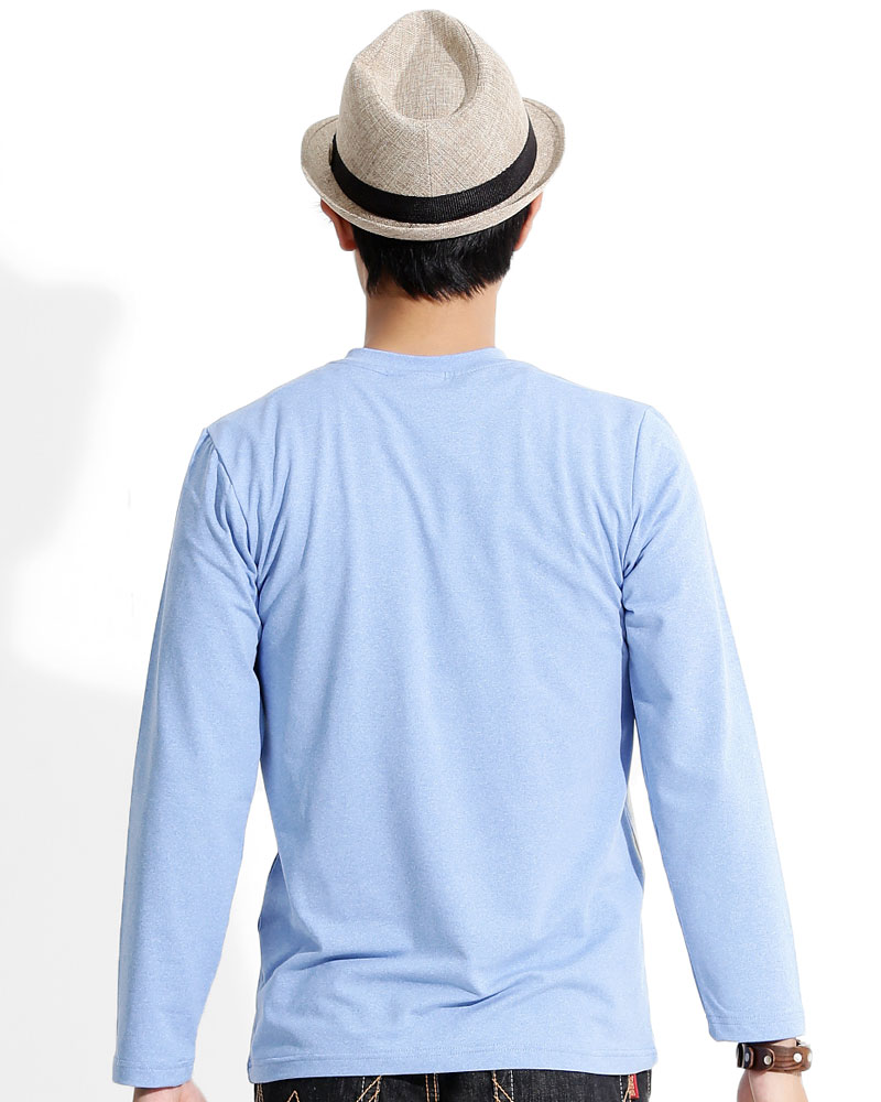 T恤 訂製款 有口袋 v領 素面 長袖 水藍 中性 TCANB-B02-00120