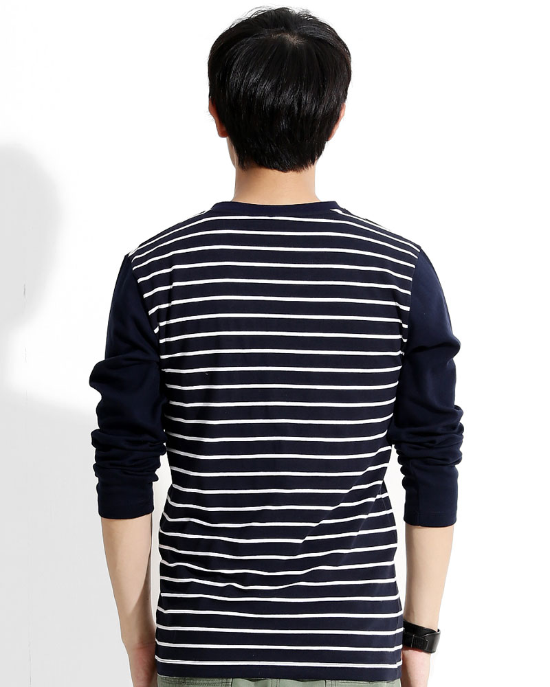 T恤 訂製款 有口袋 v領 長袖 丈青白條 中性 TCANB-B02-00125