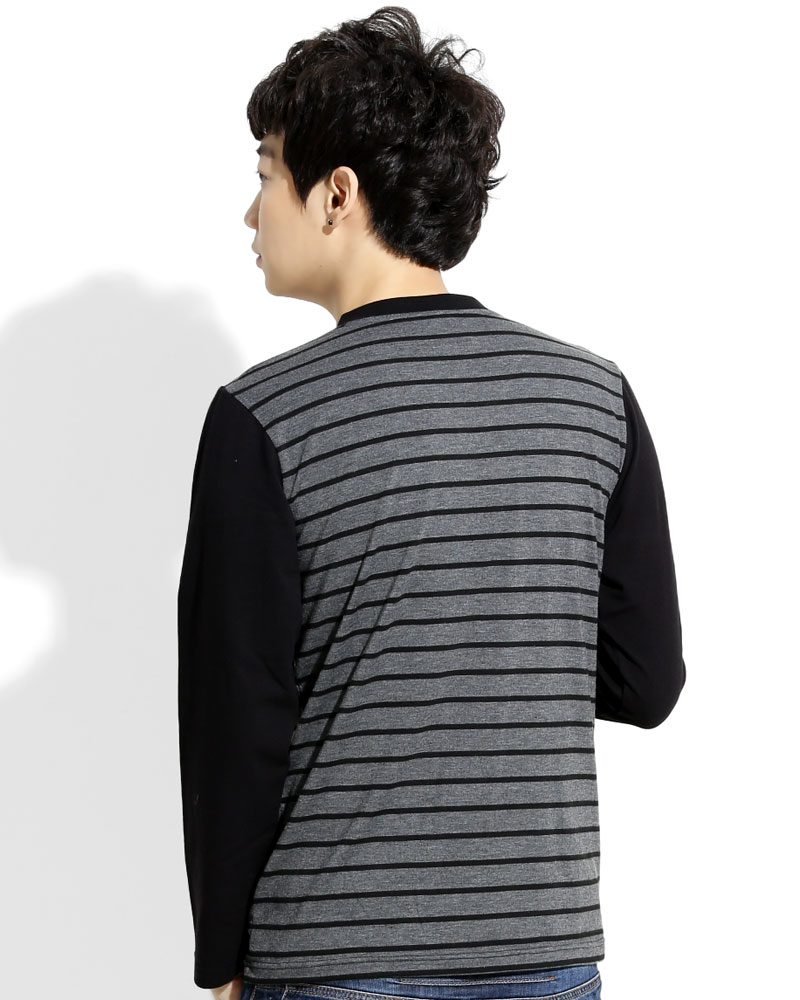 T恤 訂製款 有口袋 v領 長袖 灰黑條 中性 TCANB-B02-00126