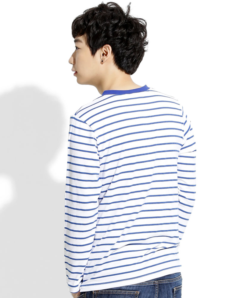 T恤 訂製款 中門襟 長袖 白藍條 中性 TCANB-S02-00130