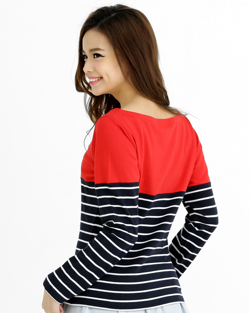 T恤 訂製款 接片造型 長袖 紅接丈清白條 腰身 TCANG-A02-00134