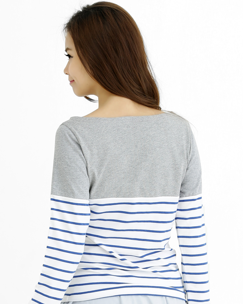 T恤 訂製款 接片造型 長袖 灰接白藍條 腰身 TCANG-A02-00135