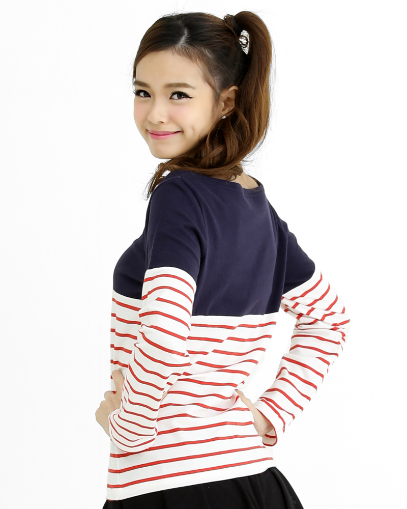 T恤 訂製款 接片造型 長袖 丈青接白紅條 腰身 TCANG-A02-00137