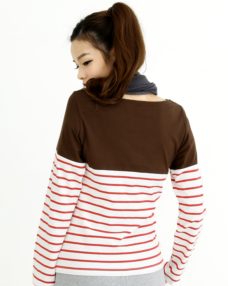 T恤 訂製款 接片造型 長袖 咖啡接白紅條 腰身 TCANG-A02-00139
