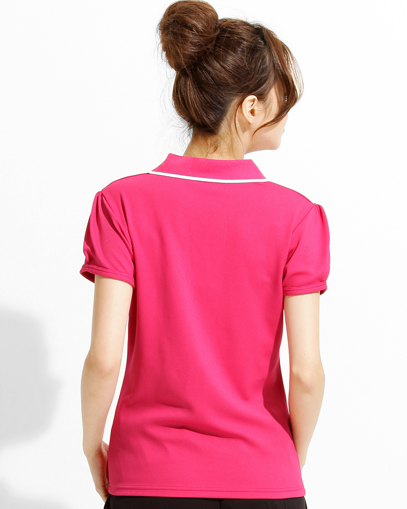 POLO衫 訂製款 V領 公主袖 腰身 桃紅底白邊 PCANG-B01-00302