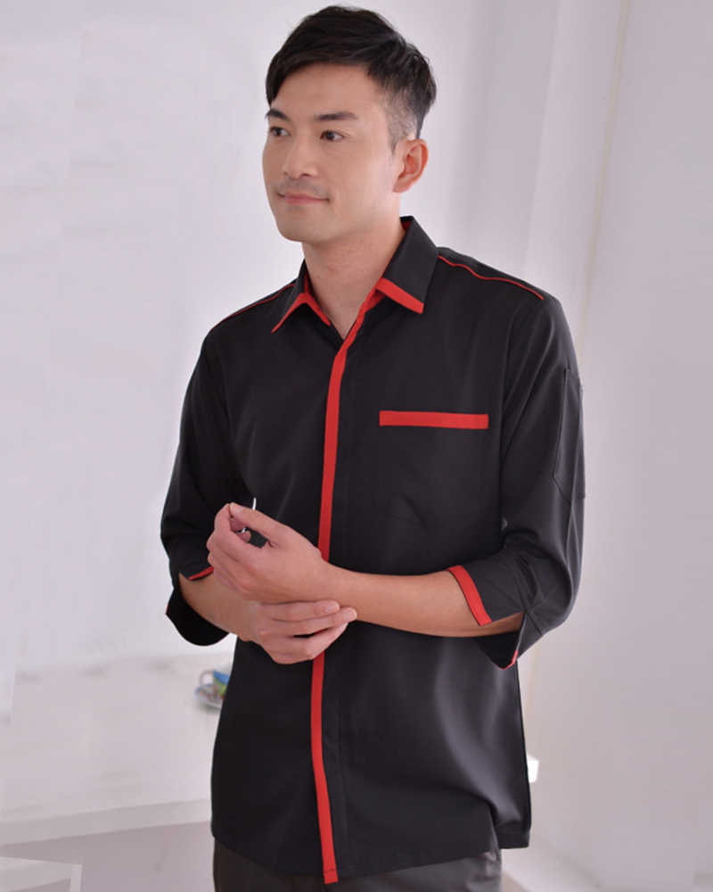 七分袖襯衫 黑配紅H