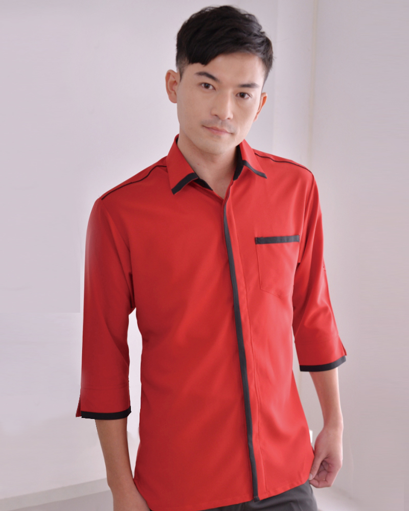 七分袖襯衫 紅配黑 