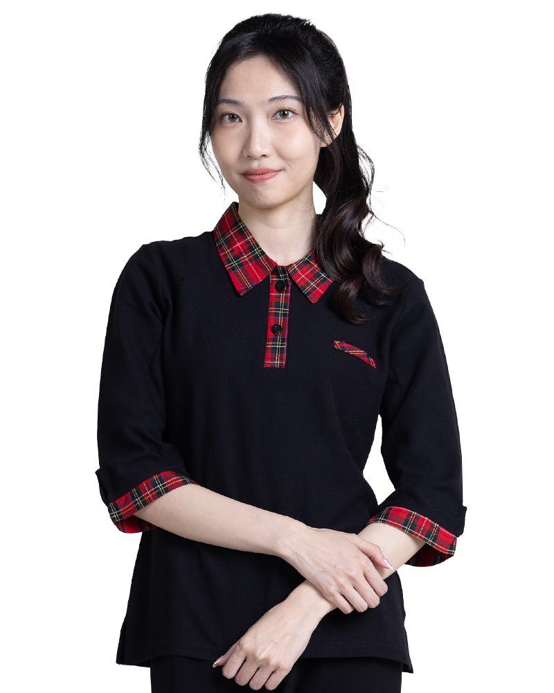 POLO-訂製-腰身-七分袖-假兩件-黑配紅格紋 PCANG-S12-00408