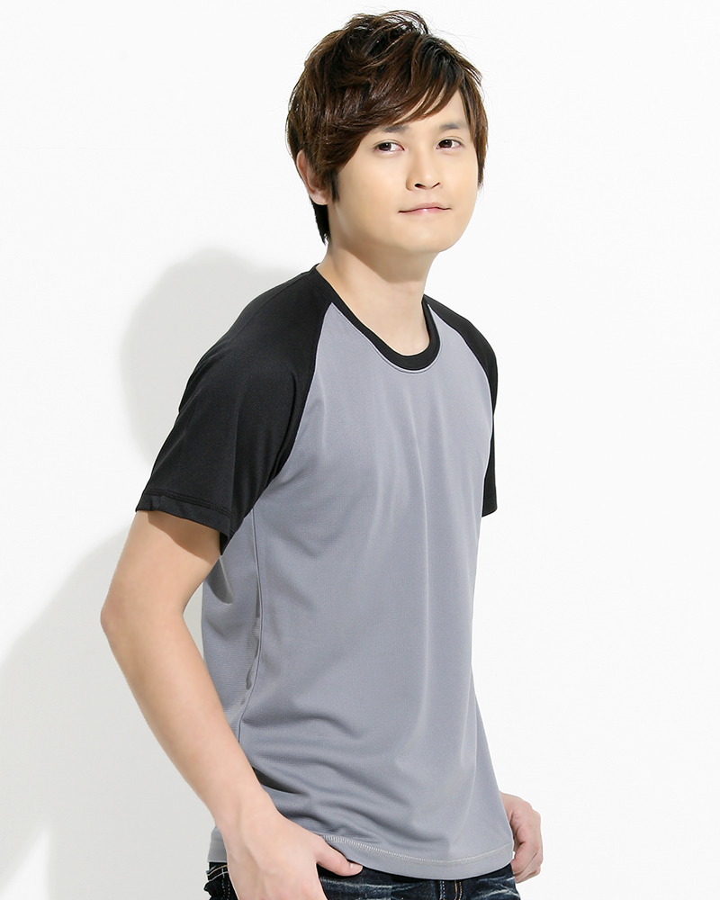 透氣排汗T 接袖 圓領短T 中性 斜袖款 淺灰配黑 THTB-AA01-02