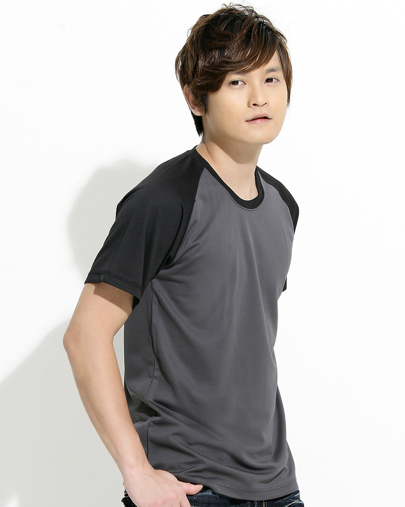 透氣排汗T 接袖 圓領短T 中性 斜袖款 深灰配黑 THTB-AA01-03