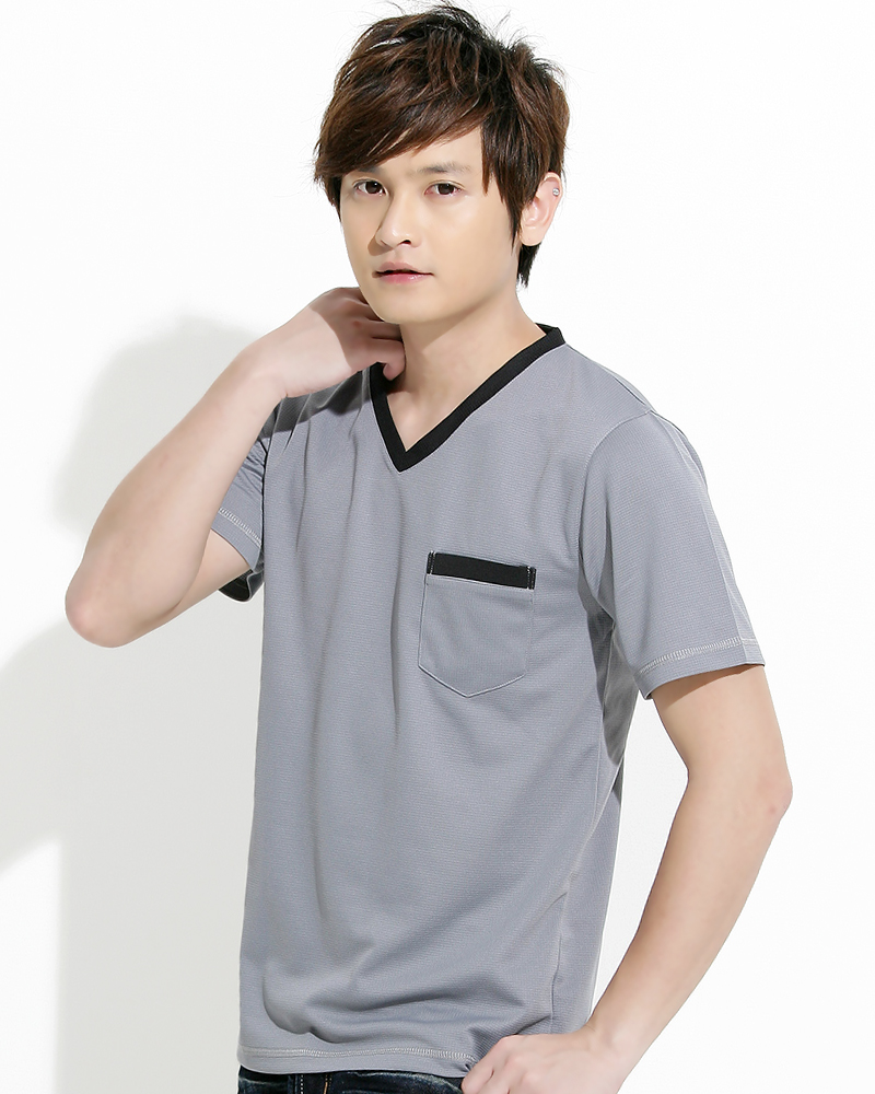 透氣排汗T V領短袖 加口袋 中性 淺灰配黑 THTB-BA01-02