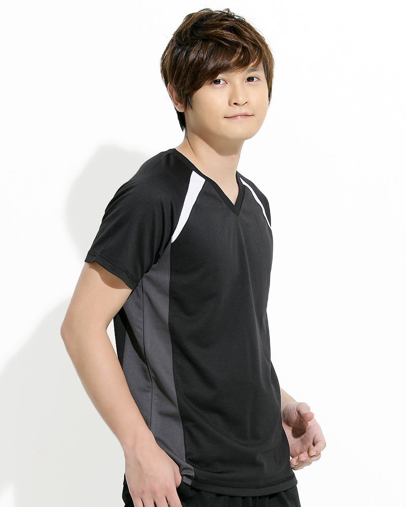 透氣排汗短T V領斜袖 中性 接片款 黑色 THTB-BB01-05