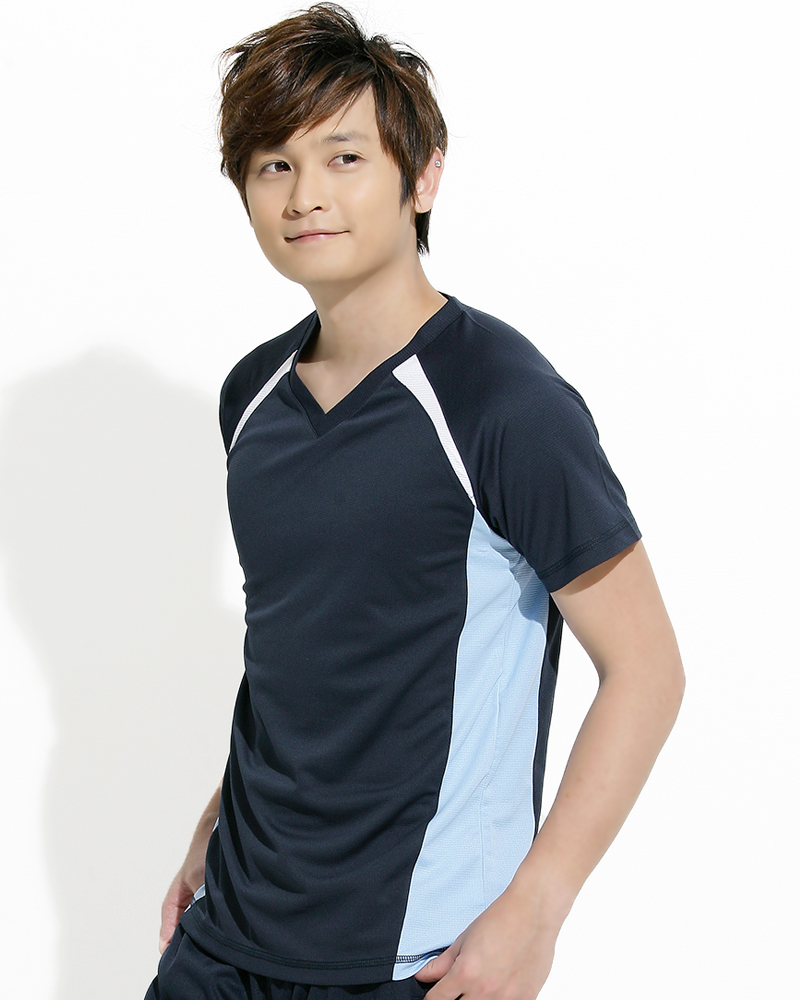 透氣排汗短T V領斜袖 中性 接片款 丈青 THTB-BB01-51