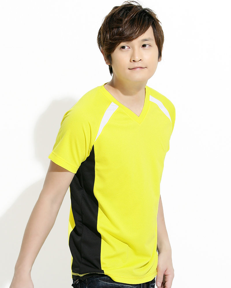 透氣排汗短T V領斜袖 中性 接片款 黃色 THTB-BB01-31