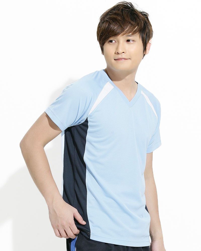 透氣排汗短T V領斜袖 中性 接片款 水藍 THTB-BB01-50