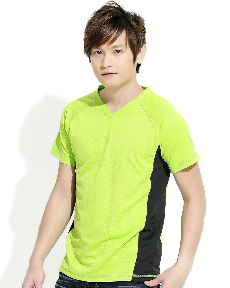 透氣排汗短T V領斜袖 中性 接片款 螢光綠 THTB-BB01-44