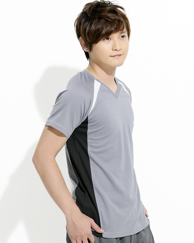 透氣排汗短T V領斜袖 中性 接片款 淺灰 THTB-BB01-02