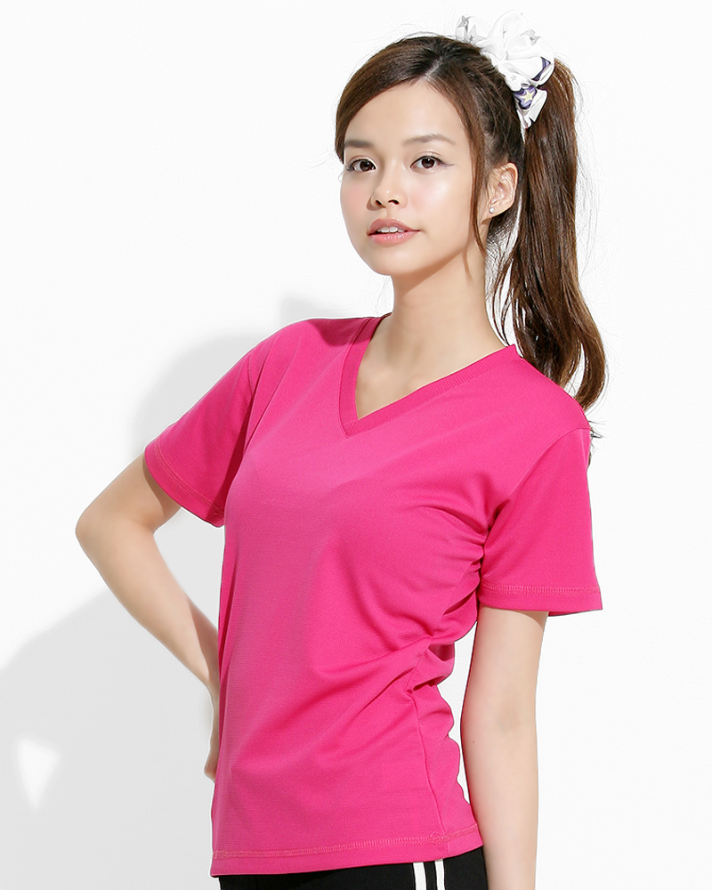 透氣排汗T V領短袖 腰身 玫紅 THTG-B01-11