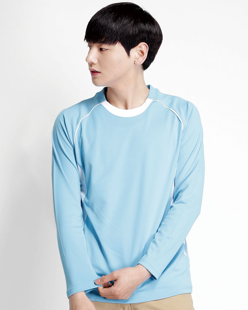 排汗衣 圓領長袖 吸引力快乾 中性 天藍出芽白 THQB-AB02-50