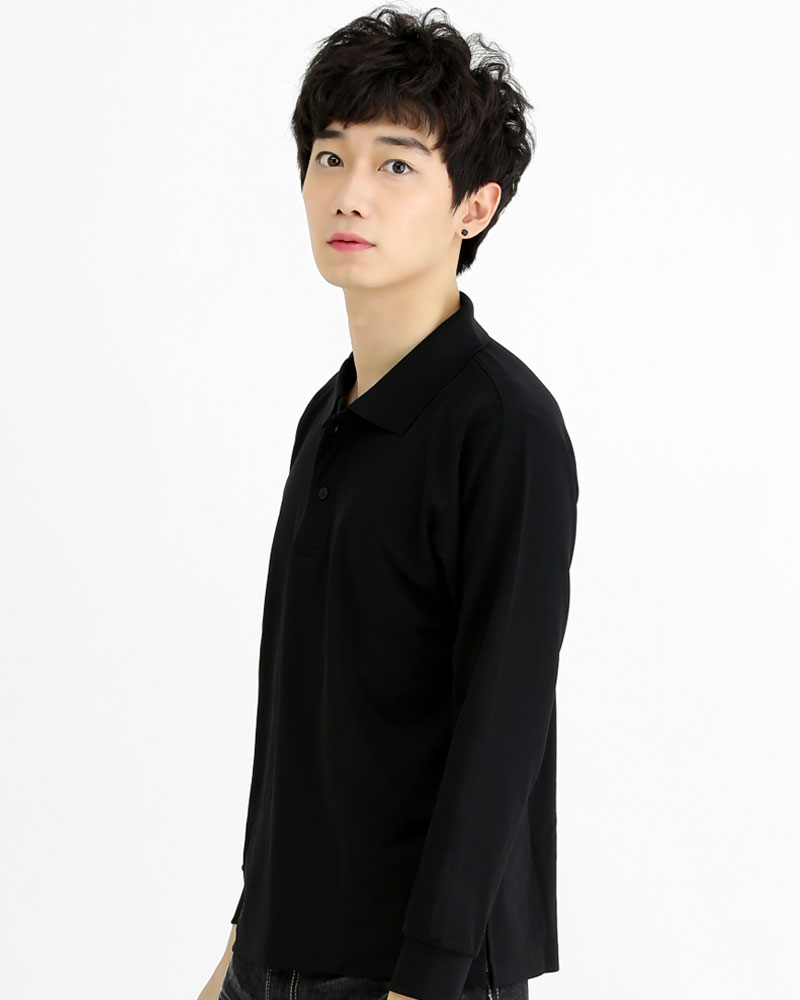 網眼POLO衫 長袖 中性 黑色 PKQB-P02-121