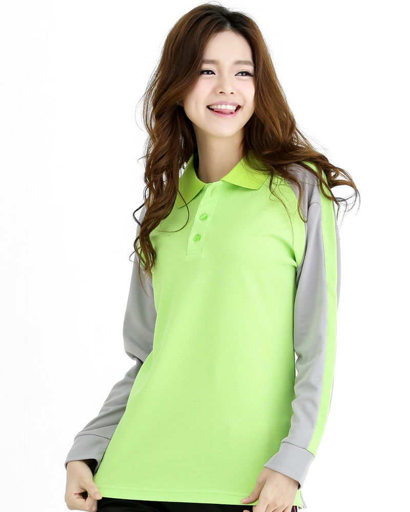 網眼POLO衫 長袖 腰身 果綠接灰 PKQG-PS02-116