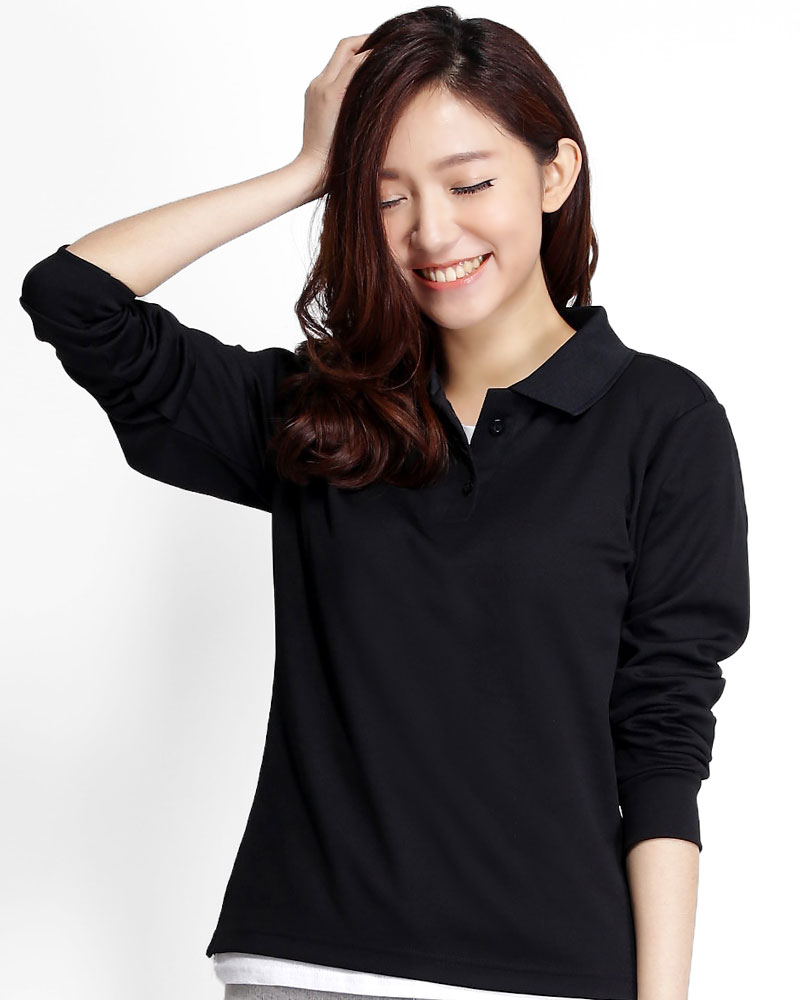網眼POLO衫 長袖 腰身 黑色 PKQG-P02-121