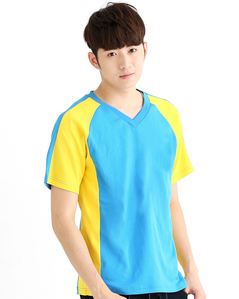 T恤 訂製款 v領 斜袖 運動風 水藍接黃 中性 TCANB-B01-00020