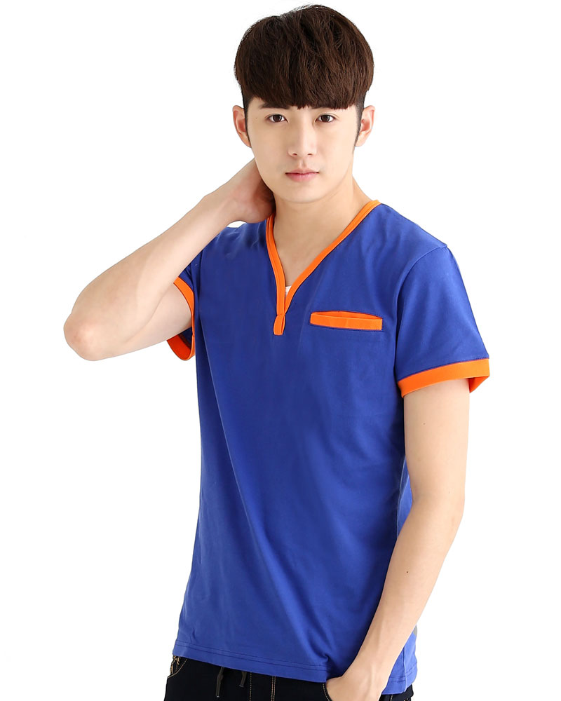 T恤 訂製款 v領 簡約風 寶藍配桔 中性 TCANB-B01-00021